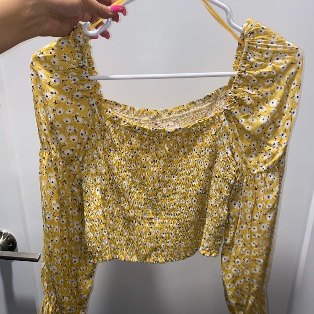 Off the shoulder, long sleeve, floral halter top.